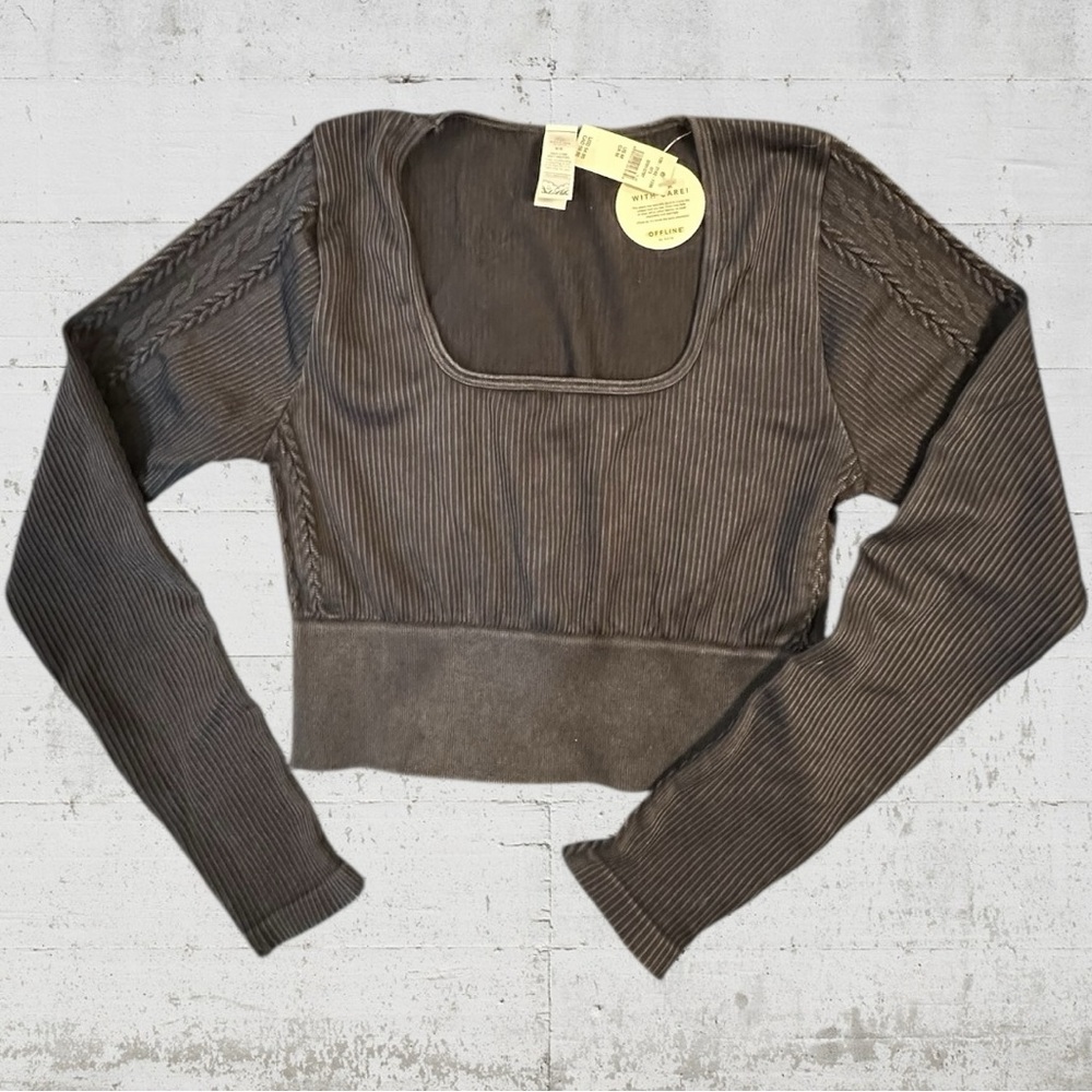 NWT OFFLINE by Aerie Seamless Cable Square Neck Cropped T-Shirt | Black | Medium